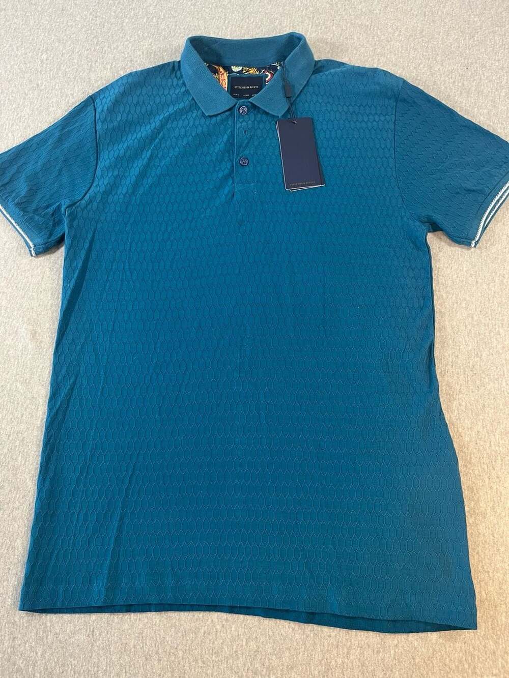 NWT Stitches & Rivets Teal Textured Jacquard Knit Polo with Paisley Collar Detai